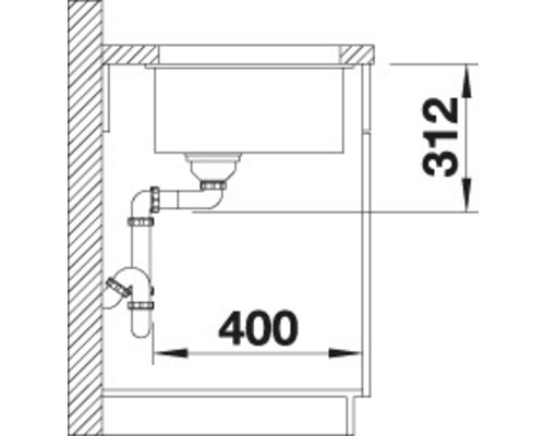 Technische tekening van een spoelbak met de afmetingen 312 en 400.