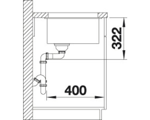 Technische tekening van een gootsteen met afvoerpijpen en afmetingen
