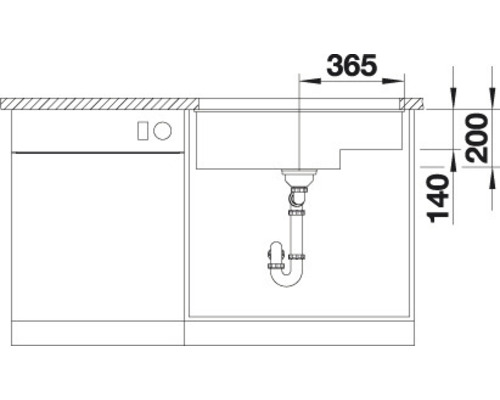 Technische tekening van een spoelbak met afmetingen