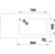 Technische tekening van een wastafelblad met de afmetingen 800 x 400 mm en een uitsparing van 700 mm breed en een radius van 10 mm
