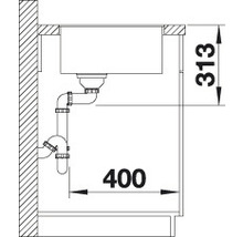 Technische tekening van een spoeltafel met afmetingen 400 bij 313