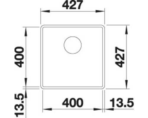 Technische tekening spoelbak met afmetingen 427 x 427 x 400 millimeter