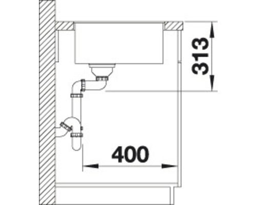 Technische tekening van een spoelbak met afmetingen van 400 en 313 millimeter.