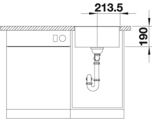 Tekening van een spoelbak met afmetingen van 213,5 en 190 millimeter voor installatiedetails