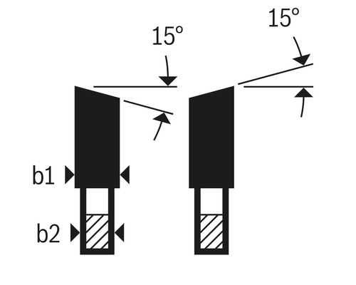 Technische tekening van een boor met een hoek van 15 graden en maatvoering