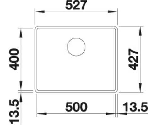 Tekening van een spoelbak met afmetingen