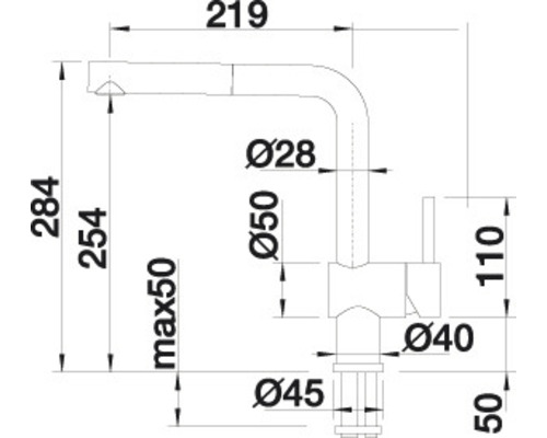 Maatschets van een keukenkraan met de afmetingen 284 x 219 mm