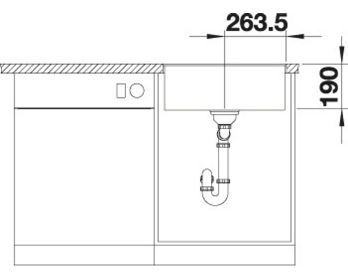 Technische tekening van een spoelbak met afmetingen