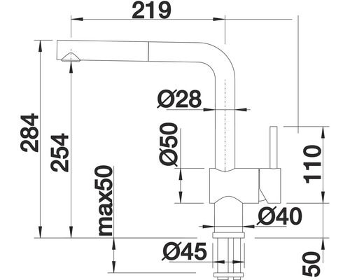 Technische tekening van een keukenkraan met afmetingen