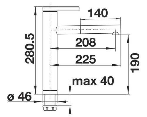 Technische tekening van een kraan met afmetingen