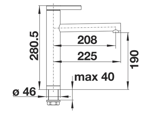 Technische tekening van een kraan met afmetingen