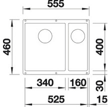 Afmetingen van een spoelbak: 555 x 460 millimeter