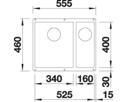 Afmetingen van een spoelbak: 555 x 460 millimeter