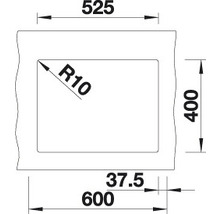 Technische tekening met afmetingen voor een wastafel: 525 mm breedte, 400 mm hoogte, radius 10, totale lengte 600 mm.