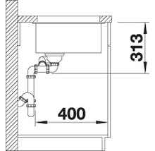 Technische tekening van een spoelbak met afmetingen 313 en 400.
