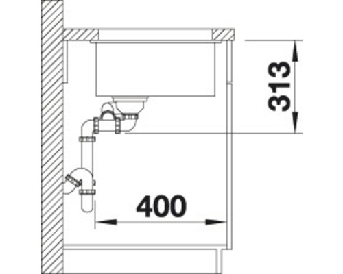 Technische tekening van een gootsteen met maatvoering 313 en 400.