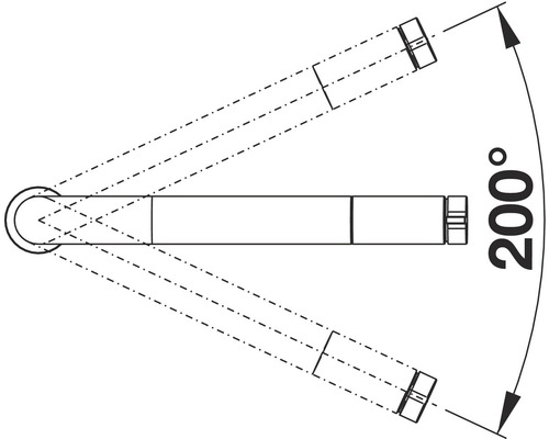 Tekening van een draaibare handdoekhouder met een zwenkbereik van 200 graden