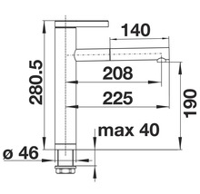 Technische tekening van een kraan met afmetingen in millimeters