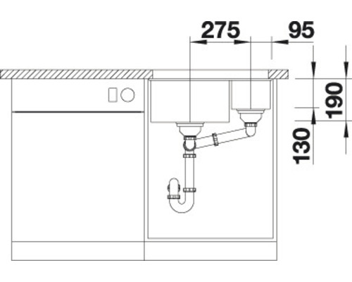 Installatietekening van een spoelbak met twee spoelbakken en kraan met maatvoering.