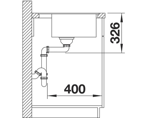 Technische tekening van een gootsteen met afmetingen