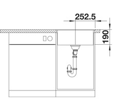 Technische tekening van een spoelbak met bijbehorende afmetingen
