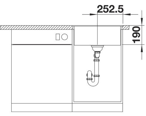 Technische tekening van een spoelbak met bijbehorende afmetingen