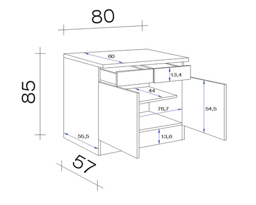 Technische tekening van een onderkast met laden en open deuren, inclusief maatvoering.