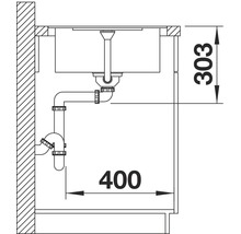 Schematische tekening van een gootsteen met sifon en maatgegevens