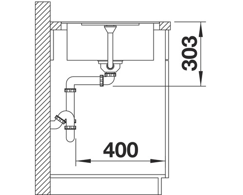 Schematische tekening van een gootsteen met sifon en maatgegevens