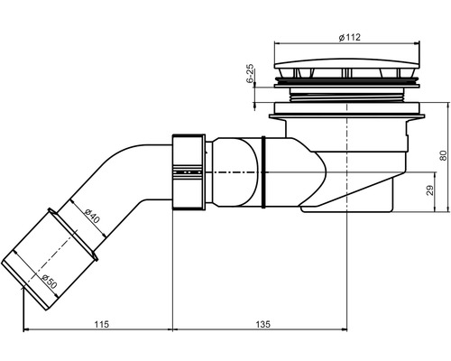 Technische tekening van een sifon met afmetingen