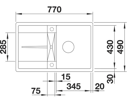 Tekening van een spoelbak met afmetingen
