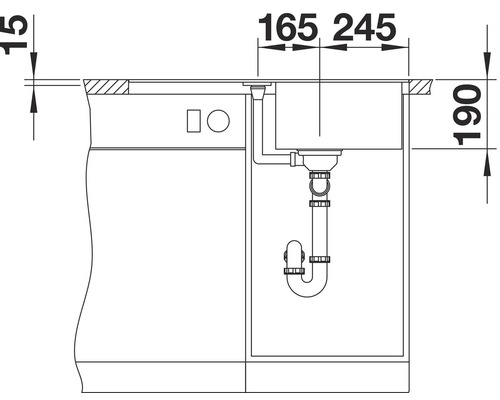Tekening van een spoelbak met afmetingen