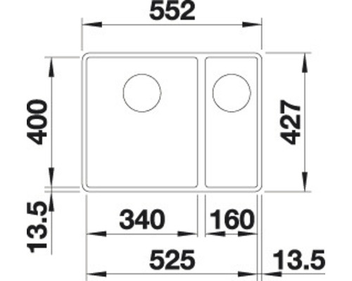 Technische tekening van een gootsteen met afmetingen