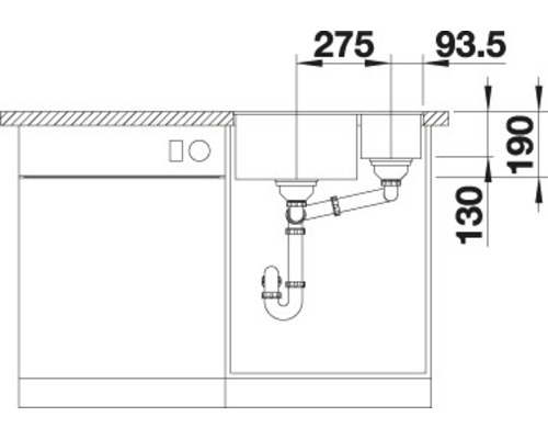 Technische tekening van een spoelbak met afmetingen