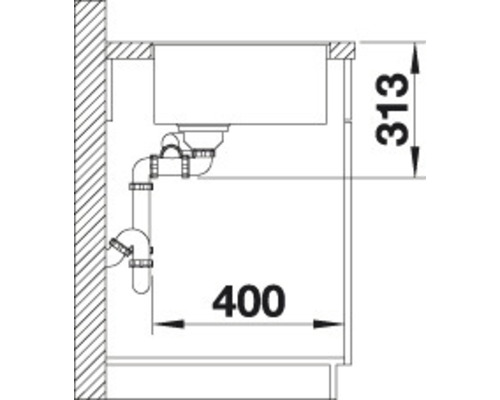 Technische tekening van een gootsteen met afmetingen