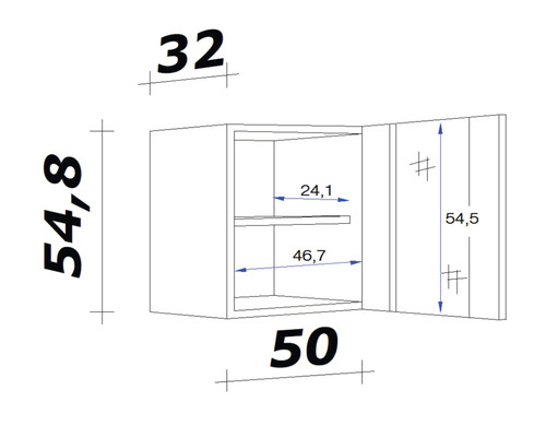 Technische tekening van een hangkast met maatvoering