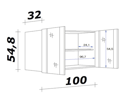 Technische tekening van een wandkast met afmetingen