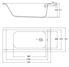Technische tekening van een ligbad met maatvoering