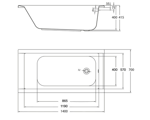 Technische tekening van een ligbad met maatvoering