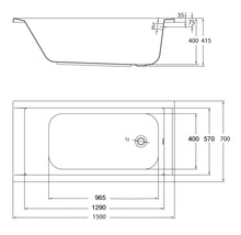 Technische tekening van een ligbad met afmetingen