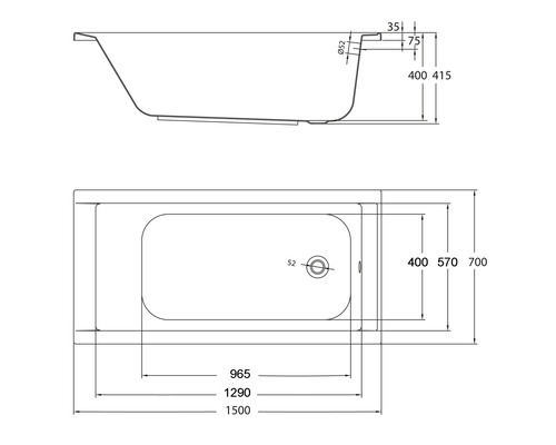 Technische tekening van een ligbad met afmetingen