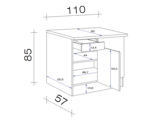 Technische tekening van een onderkast met lade en deur, inclusief maatgegevens