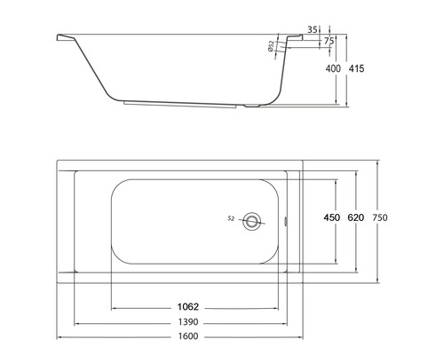 Technische tekening van een badkuip met afmetingen