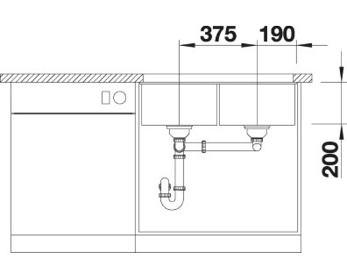 Technische tekening van een spoelbak met twee bakken en maatvoering