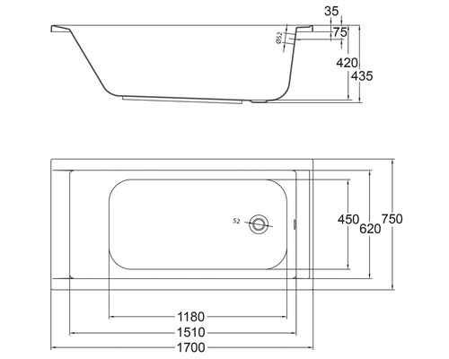 Technische tekening van een badkuip met afmetingen