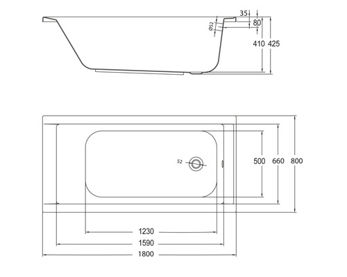 Technische tekening van een badkuip met afmetingen