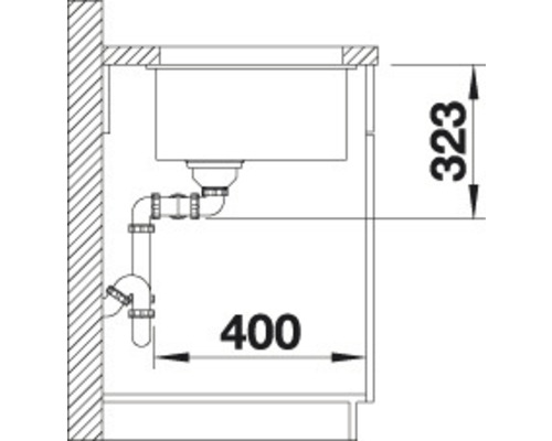 Technische tekening van een spoelbak met de afmetingen 400 en 323