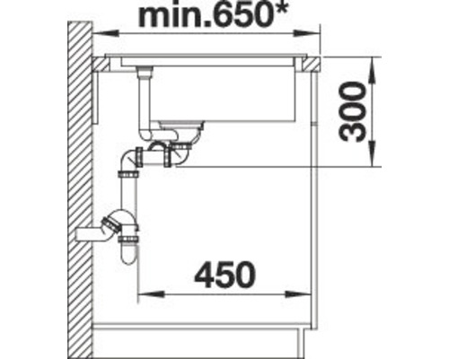 Installatietekening van een spoelbak met afmetingen