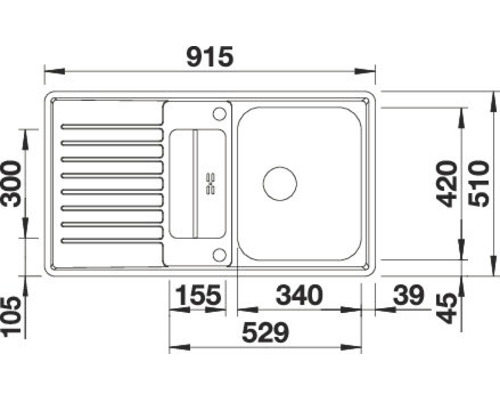 Technische tekening van een spoelbak met afmetingen