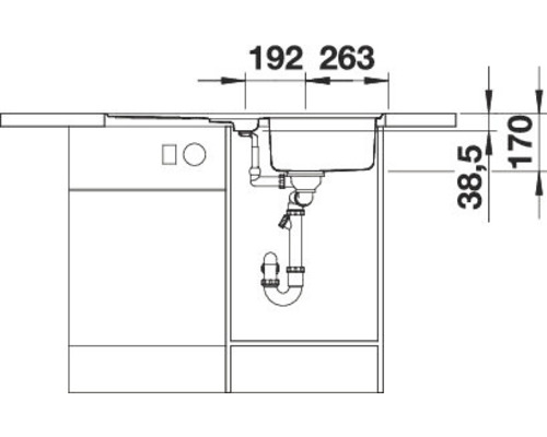 Technische tekening van een spoelbak met maataanduidingen voor de montage.